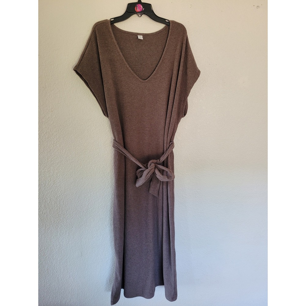 Old Navy Rib-Knit V-Neck Midi Dress Mauve Brown XL T Short Sleeve Tie Waist #8